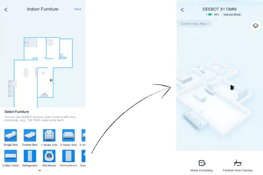 Furniture pieces are placed in the 3D map of the Ecovacs Deebot X1 OMNI